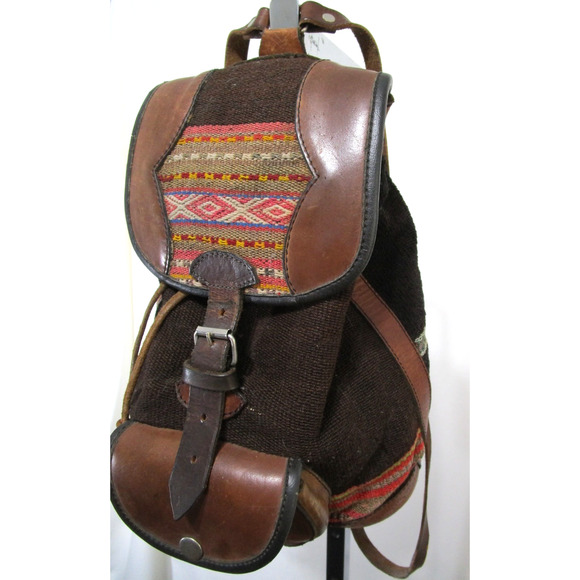 Artisan Handmade in Peru Multicolor Wool, Leather Backpack Purse - Picture 4 of 8